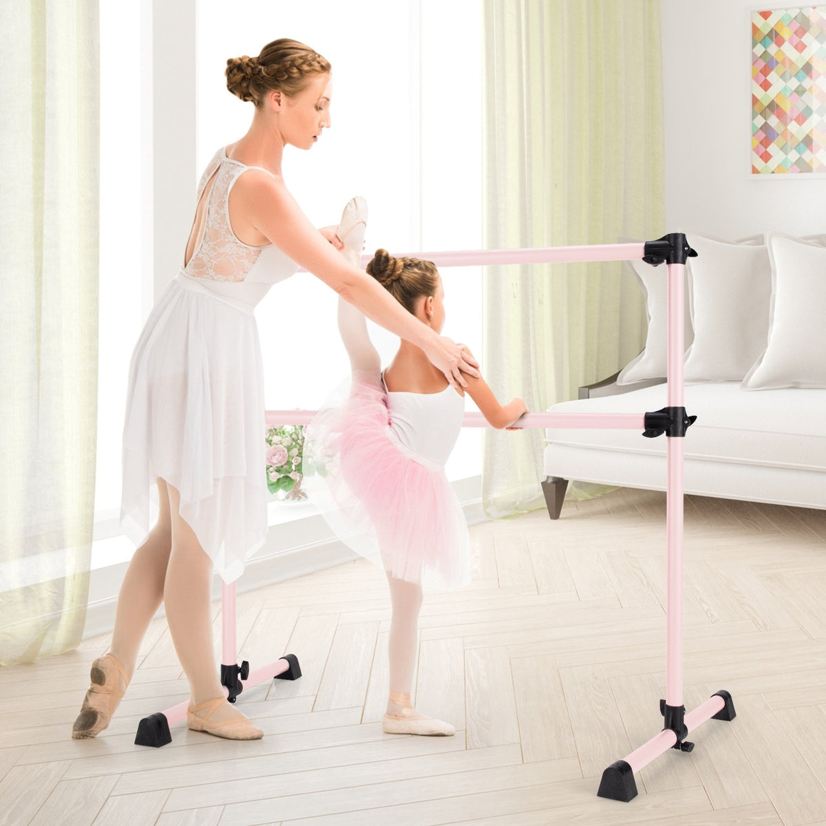4 Feet Double Ballet Barre Bar with Adjustable Height-Pink view 6
