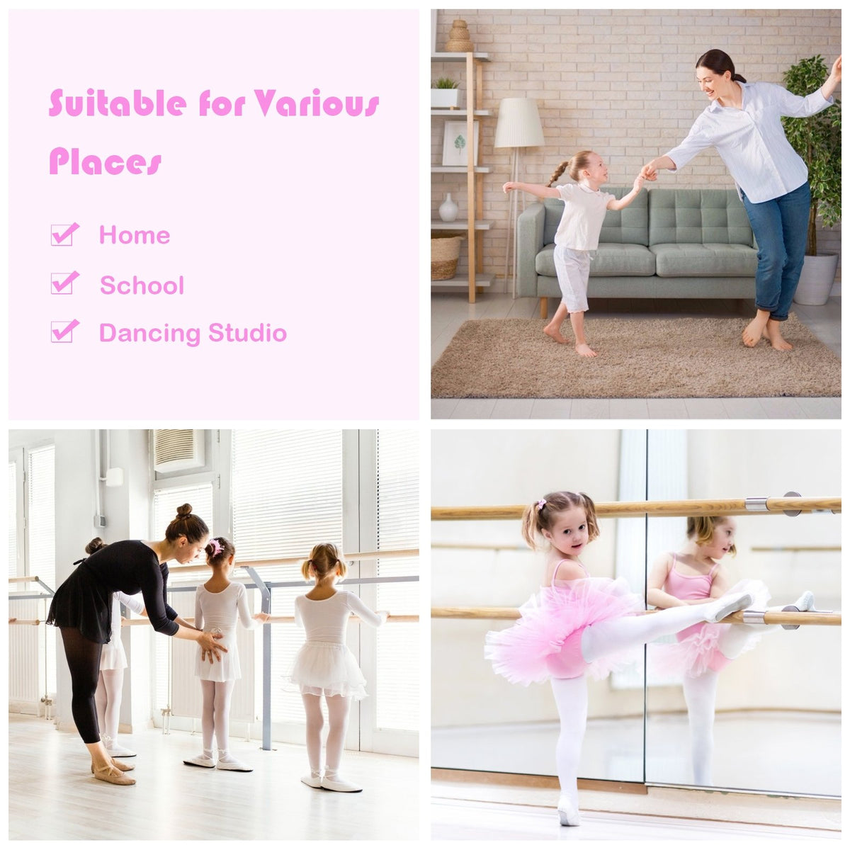 4 Feet Double Ballet Barre Bar with Adjustable Height-Pink view 7