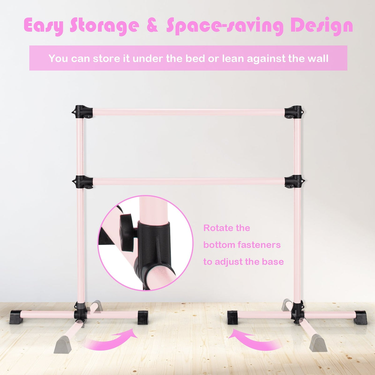 4 Feet Double Ballet Barre Bar with Adjustable Height-Pink view 8