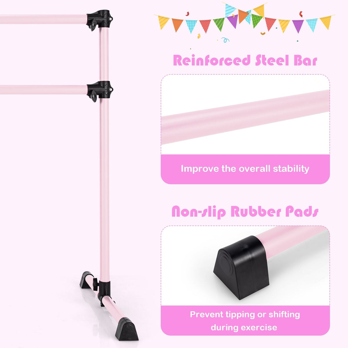 4 Feet Double Ballet Barre Bar with Adjustable Height-Pink view 9