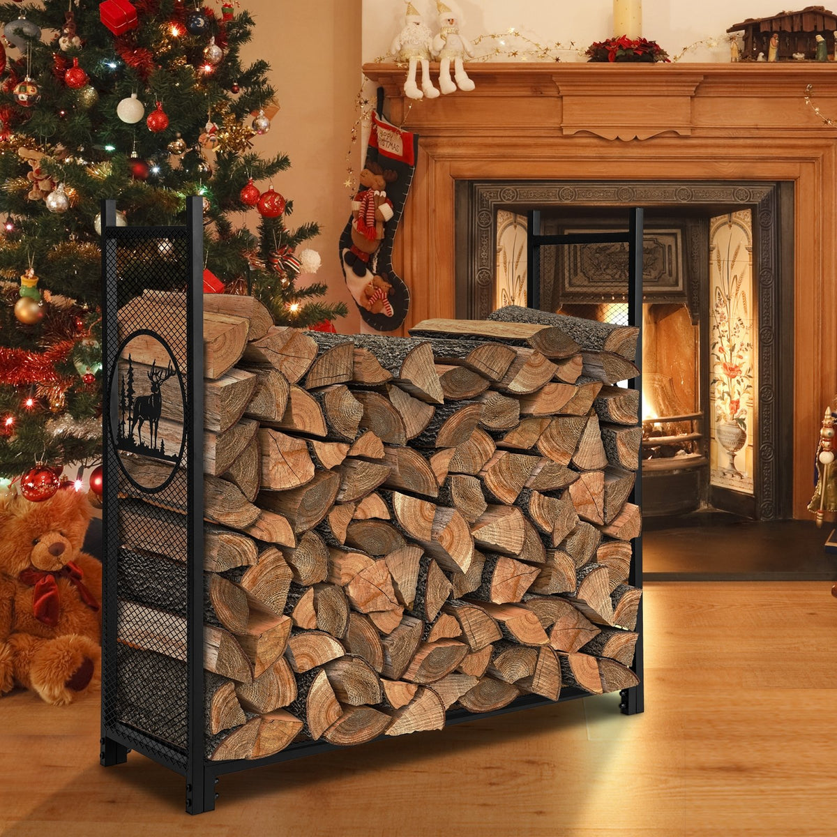 4 Feet Firewood Rack Stand with Mesh Sides view 2