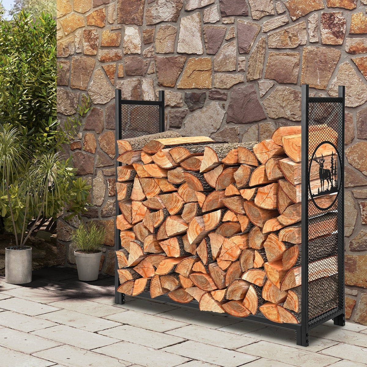 4 Feet Firewood Rack Stand with Mesh Sides view 3