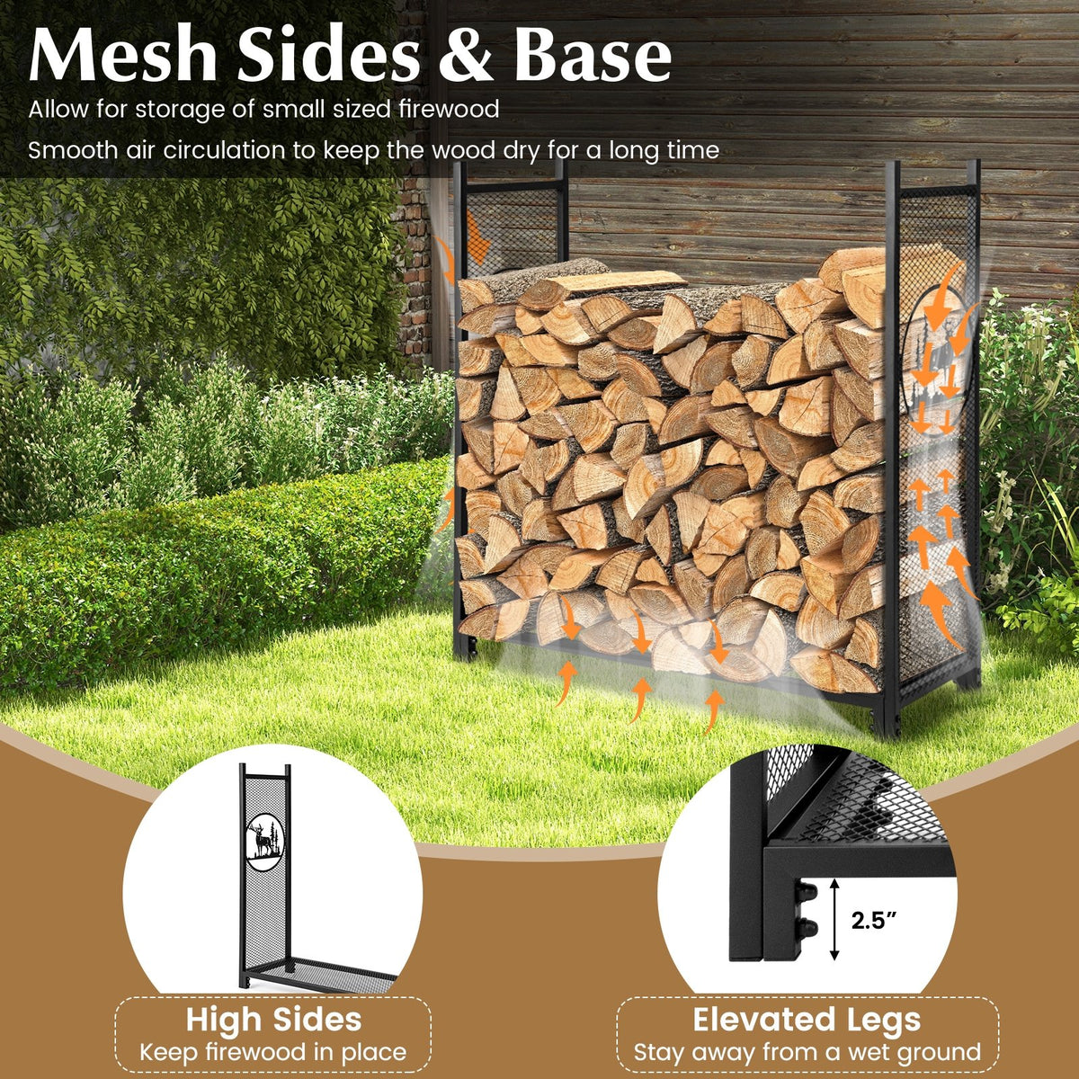 4 Feet Firewood Rack Stand with Mesh Sides view 6