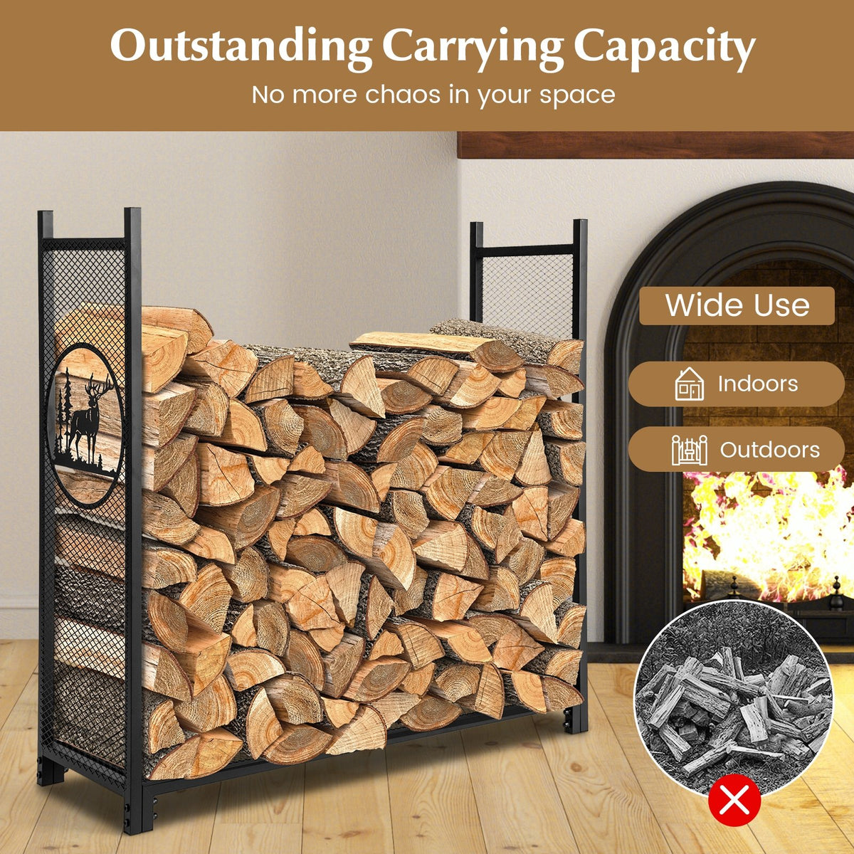 4 Feet Firewood Rack Stand with Mesh Sides view 8