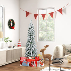 4 Feet Pre-Lit Artificial Christmas Tree Snow-Flocked Slim Pencil Xmas Decor view 3