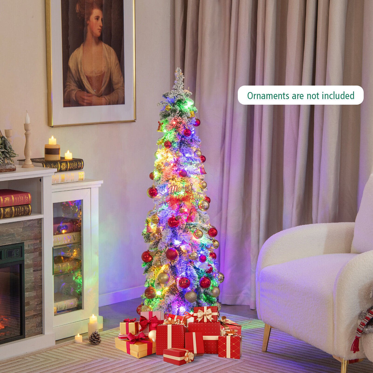 4 Feet Pre-Lit Artificial Christmas Tree Snow-Flocked Slim Pencil Xmas Decor view 6