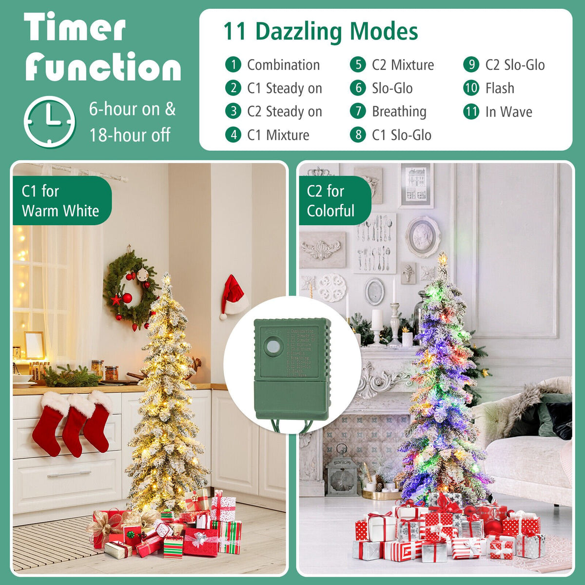 4 Feet Pre-Lit Artificial Christmas Tree Snow-Flocked Slim Pencil Xmas Decor view 8