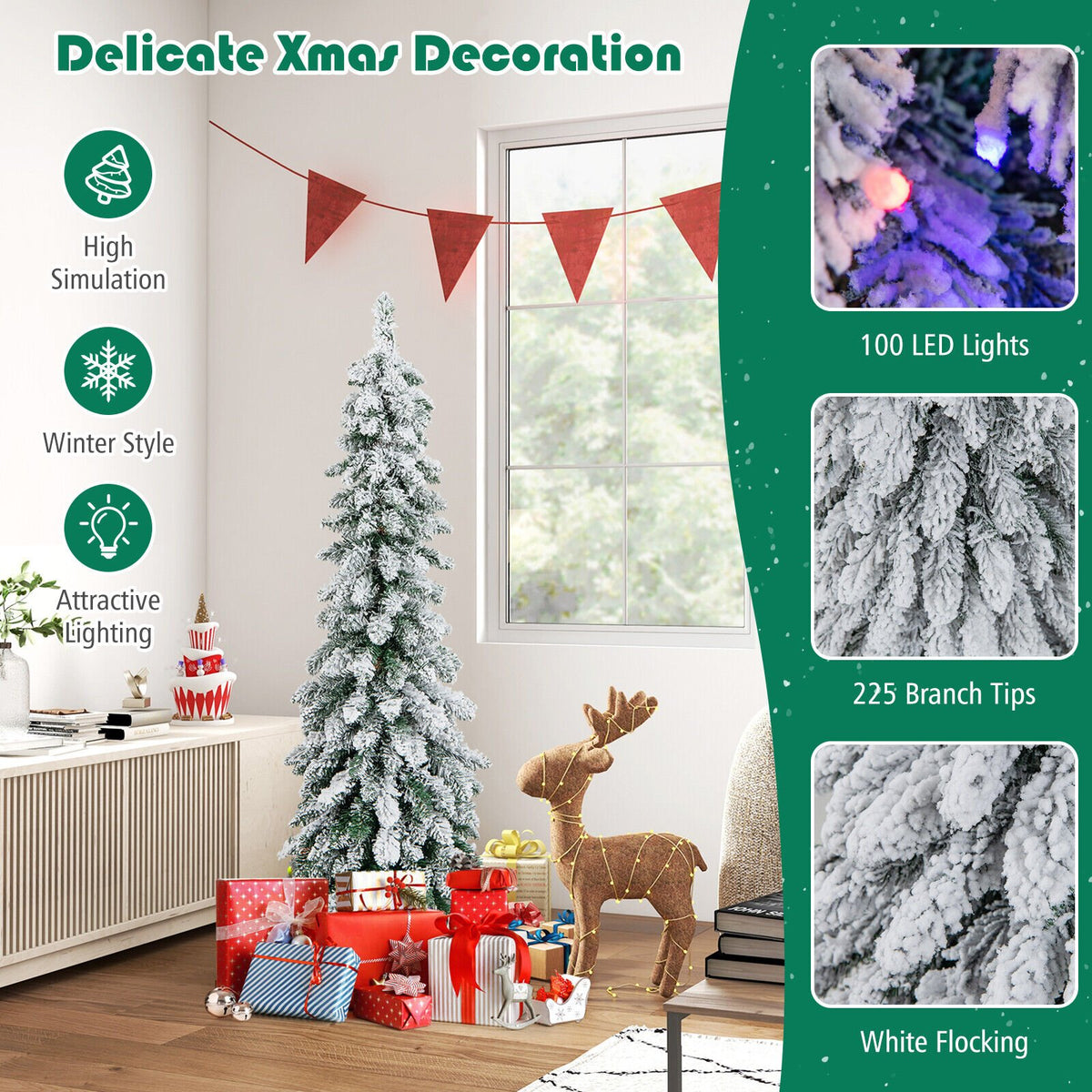 4 Feet Pre-Lit Artificial Christmas Tree Snow-Flocked Slim Pencil Xmas Decor view 9