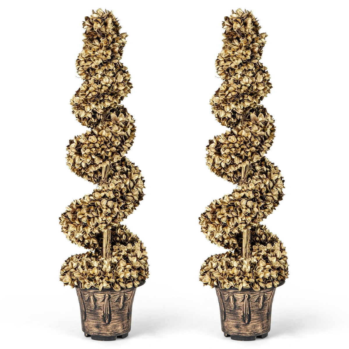 4 FT Artificial Topiary Spiral Tree Set of 2 with Vintage Plastic Nursery Pot-Gold