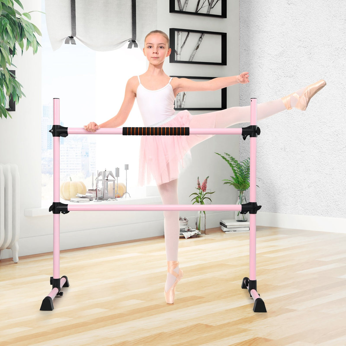 4 Feet Portable Freestanding Stable Construction Pilates Ballet Barre with Double Dance Bar-Pink view 2