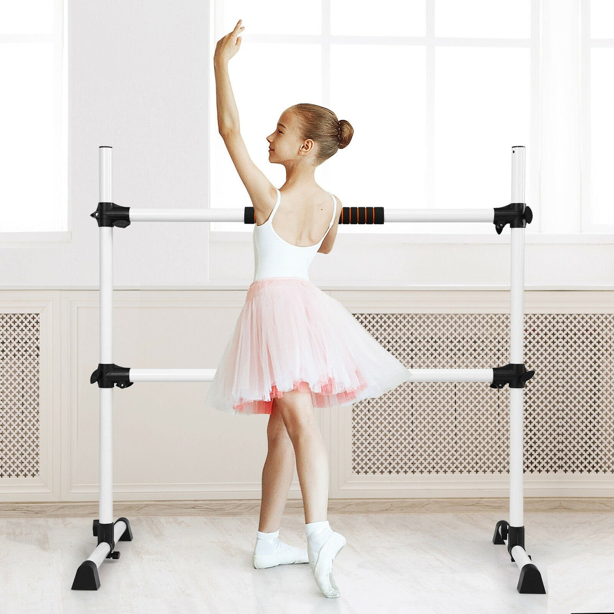 4 Feet Portable Freestanding Stable Construction Pilates Ballet Barre with Double Dance Bar-Gray view 2