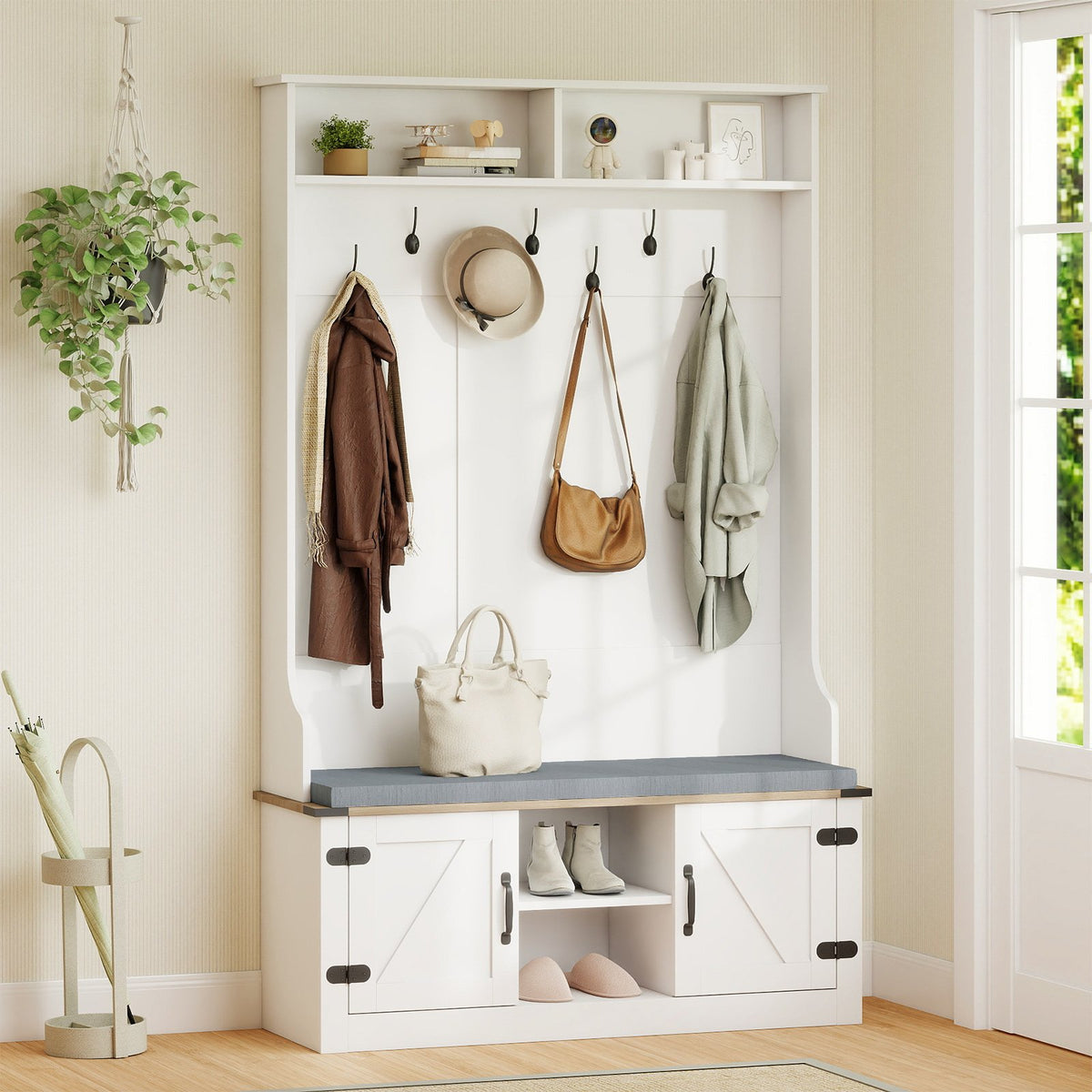 4-in-1 68.5 Inch Tall Coat Rack with Cushioned Bench and Shoe Storage-White view 2