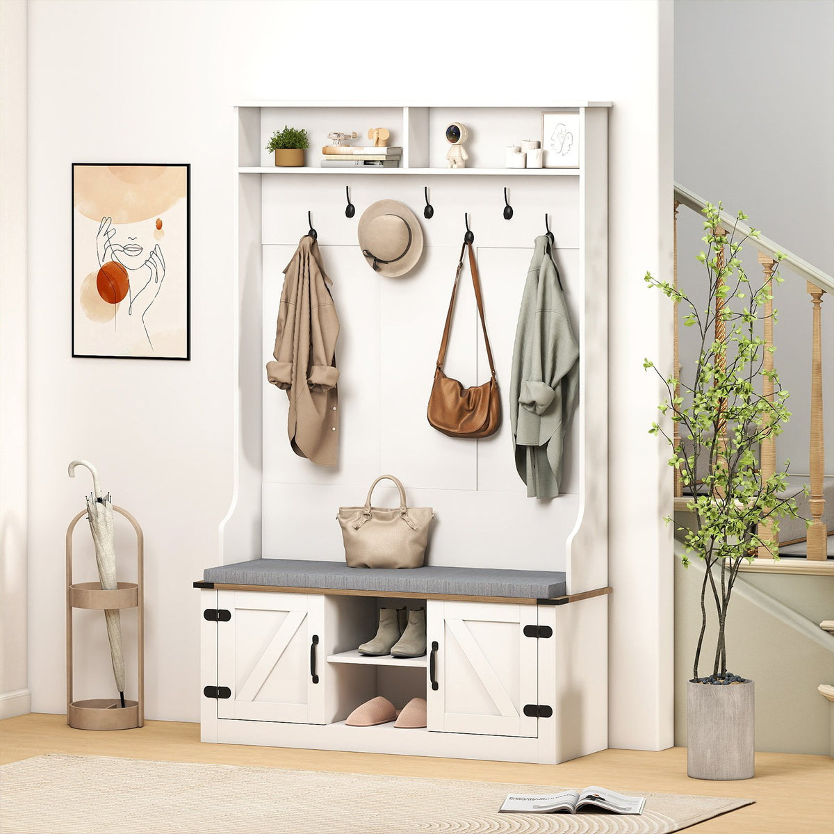 4-in-1 68.5 Inch Tall Coat Rack with Cushioned Bench and Shoe Storage-White view 3