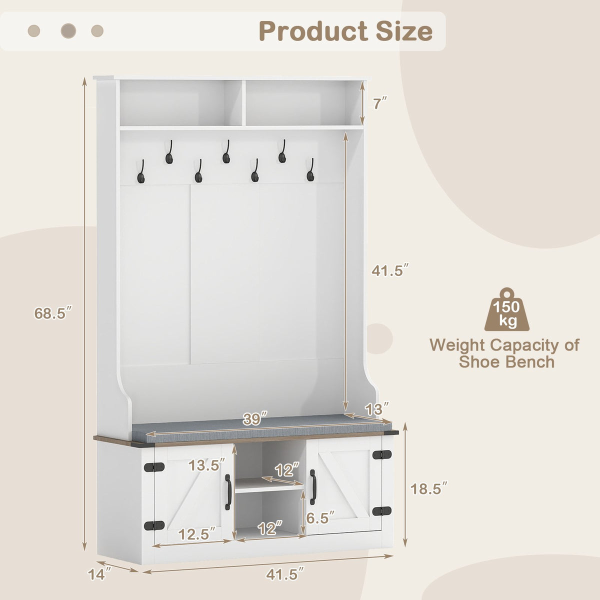 4-in-1 68.5 Inch Tall Coat Rack with Cushioned Bench and Shoe Storage-White view 5