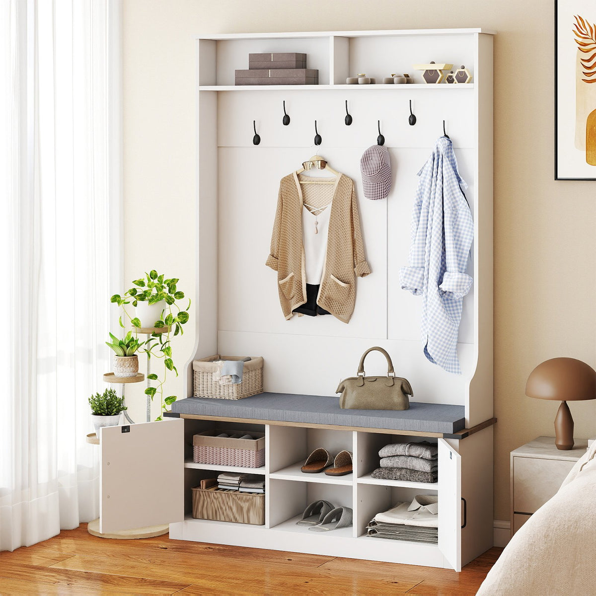4-in-1 68.5 Inch Tall Coat Rack with Cushioned Bench and Shoe Storage-White view 7