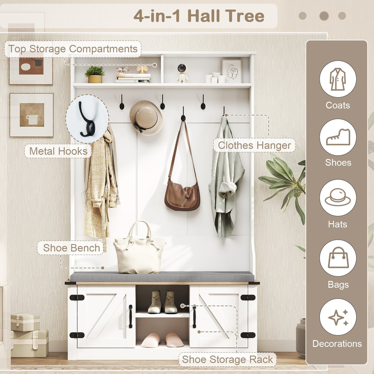 4-in-1 68.5 Inch Tall Coat Rack with Cushioned Bench and Shoe Storage-White view 8