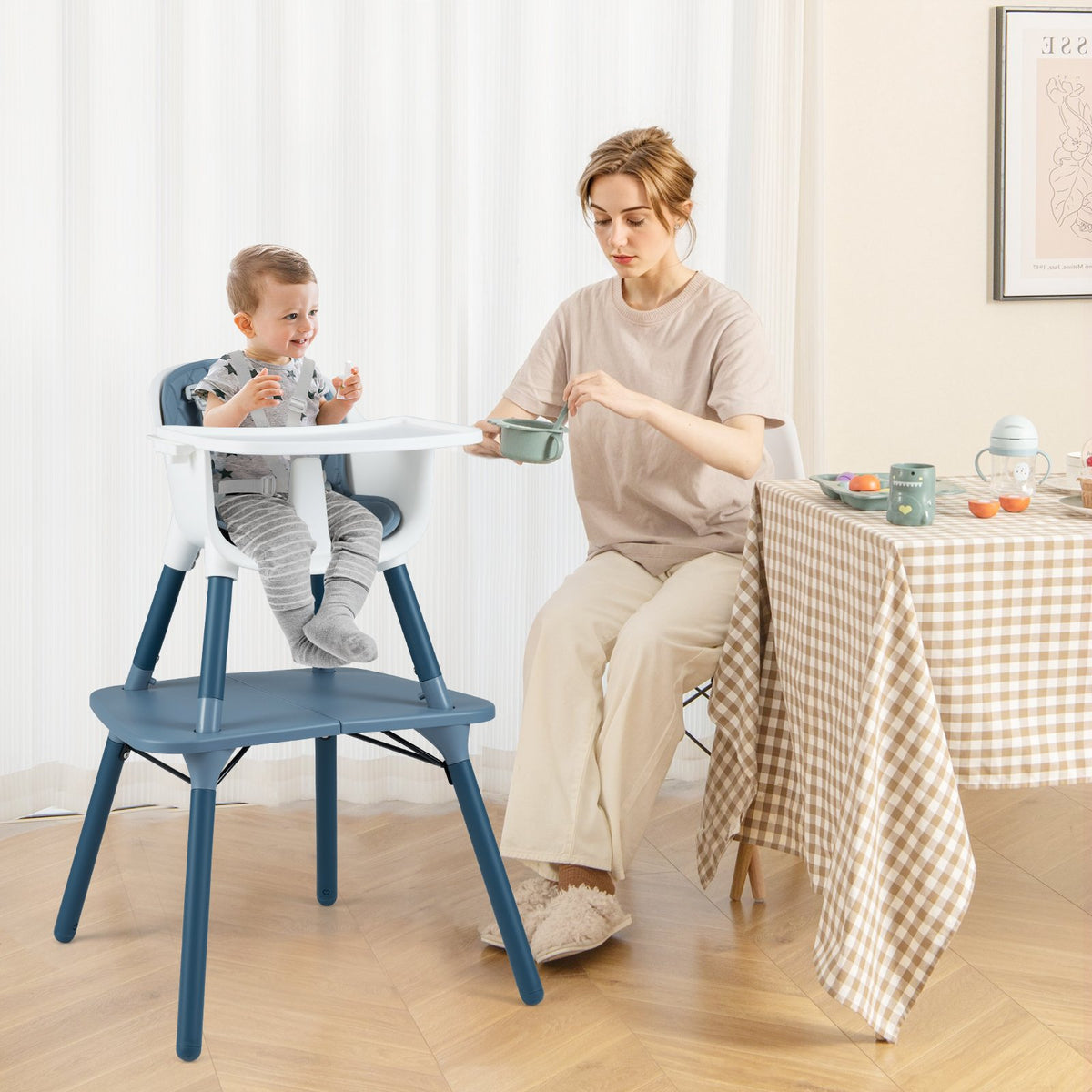 4-in-1 Baby Convertible Toddler Table Chair Set with PU Cushion-Blue view 2