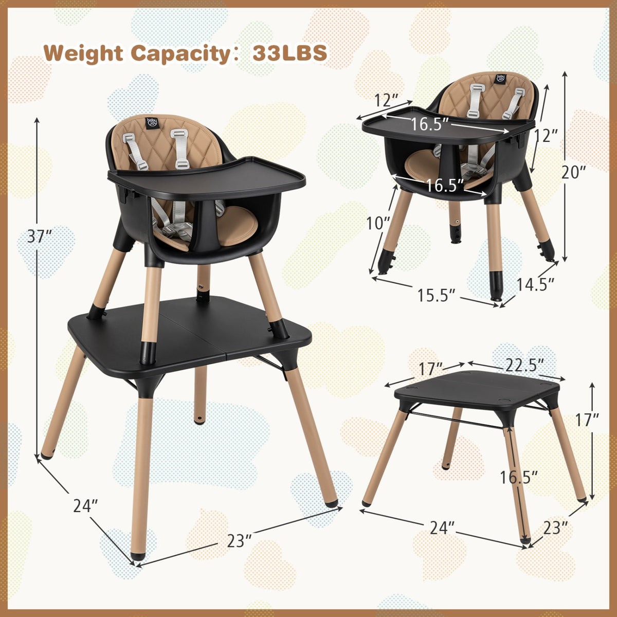 4-in-1 Baby Convertible Toddler Table Chair Set with PU Cushion-Brown view 4