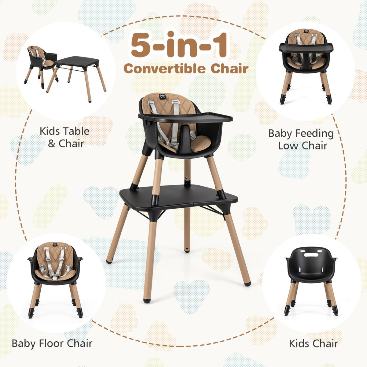 4-in-1 Baby Convertible Toddler Table Chair Set with PU Cushion-Brown view 5