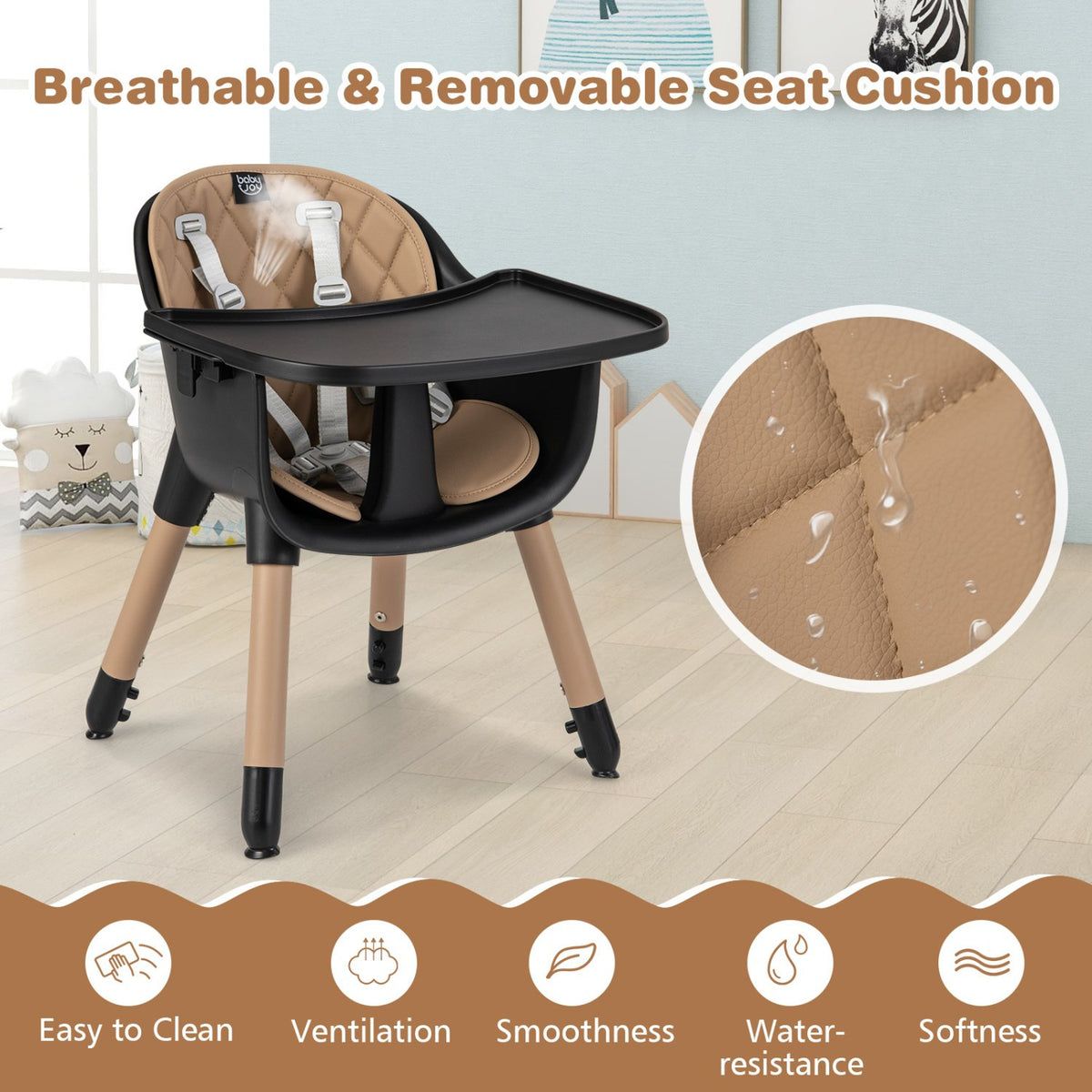 4-in-1 Baby Convertible Toddler Table Chair Set with PU Cushion-Brown view 7
