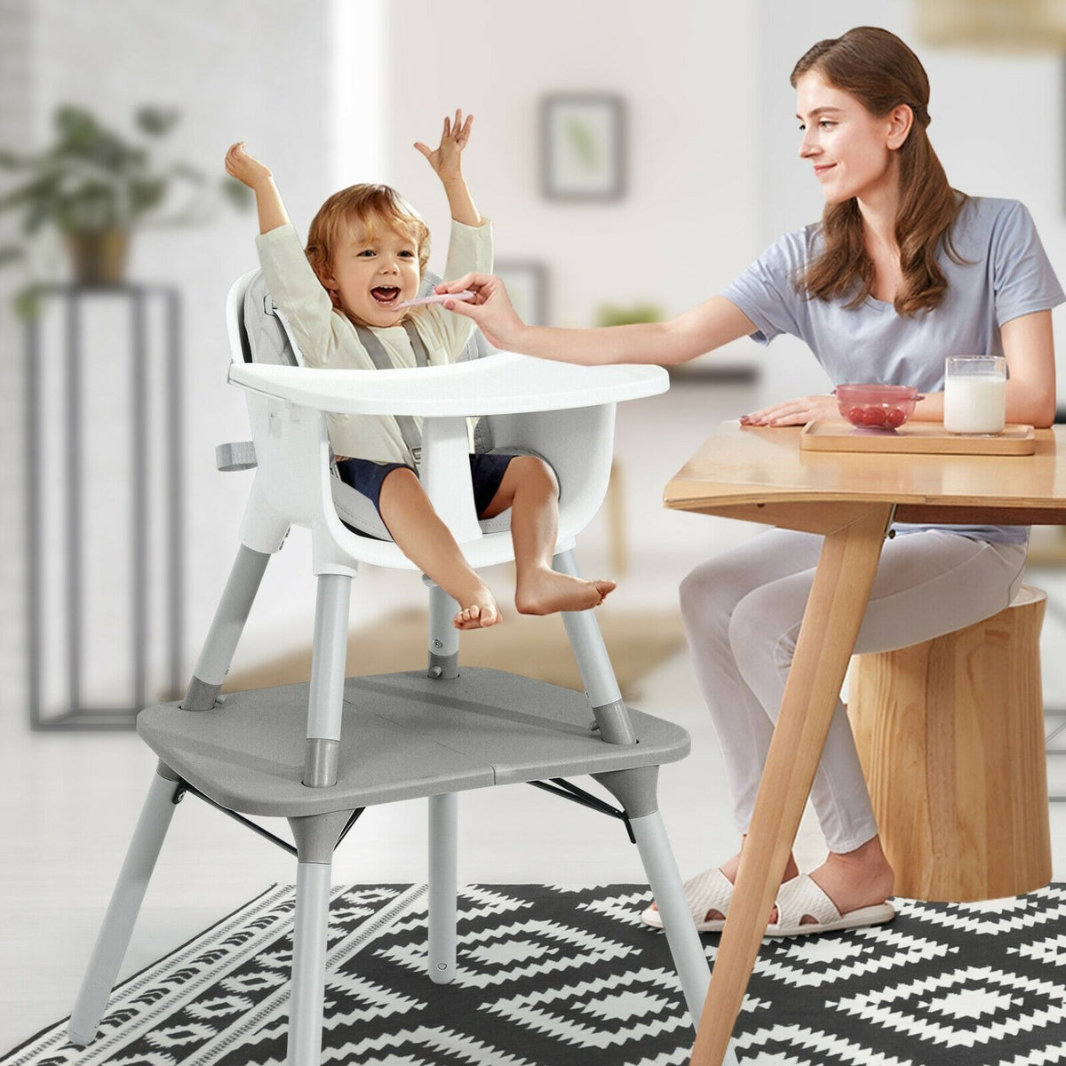 4-in-1 Baby Convertible Toddler Table Chair Set with PU Cushion-Gray view 2