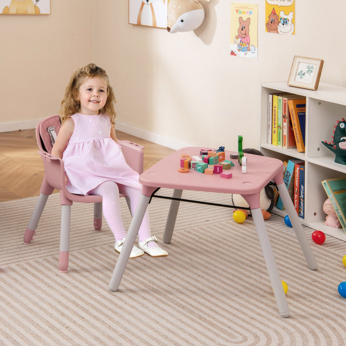 4-in-1 Baby Convertible Toddler Table Chair Set with PU Cushion-Pink view 2
