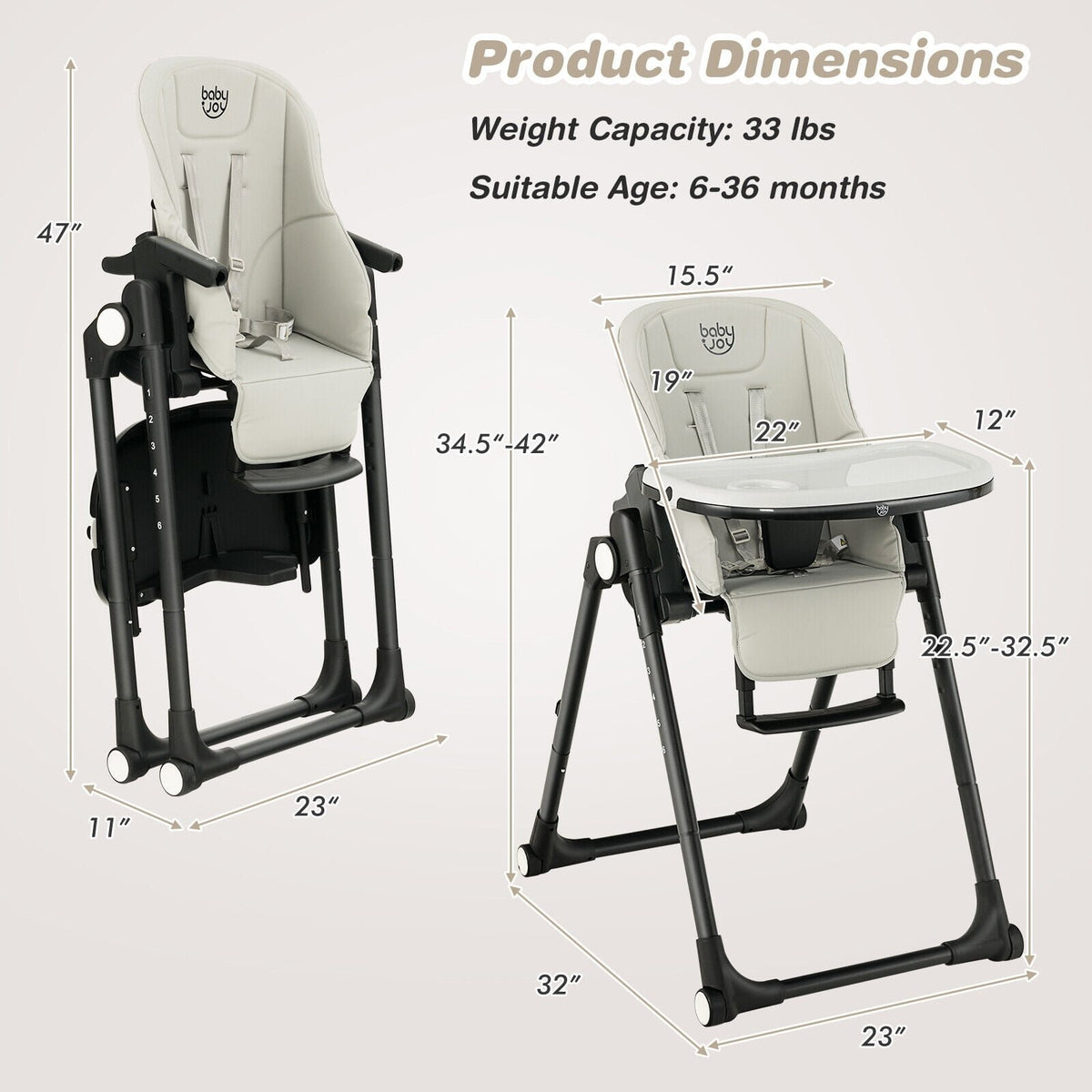 4-in-1 Baby High Chair with 6 Adjustable Heights-Gray view 4