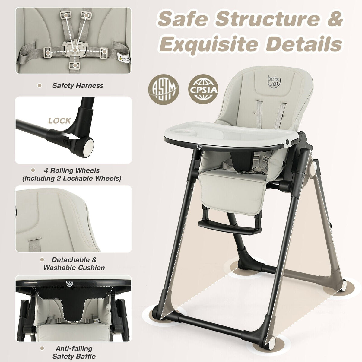 4-in-1 Baby High Chair with 6 Adjustable Heights-Gray view 7