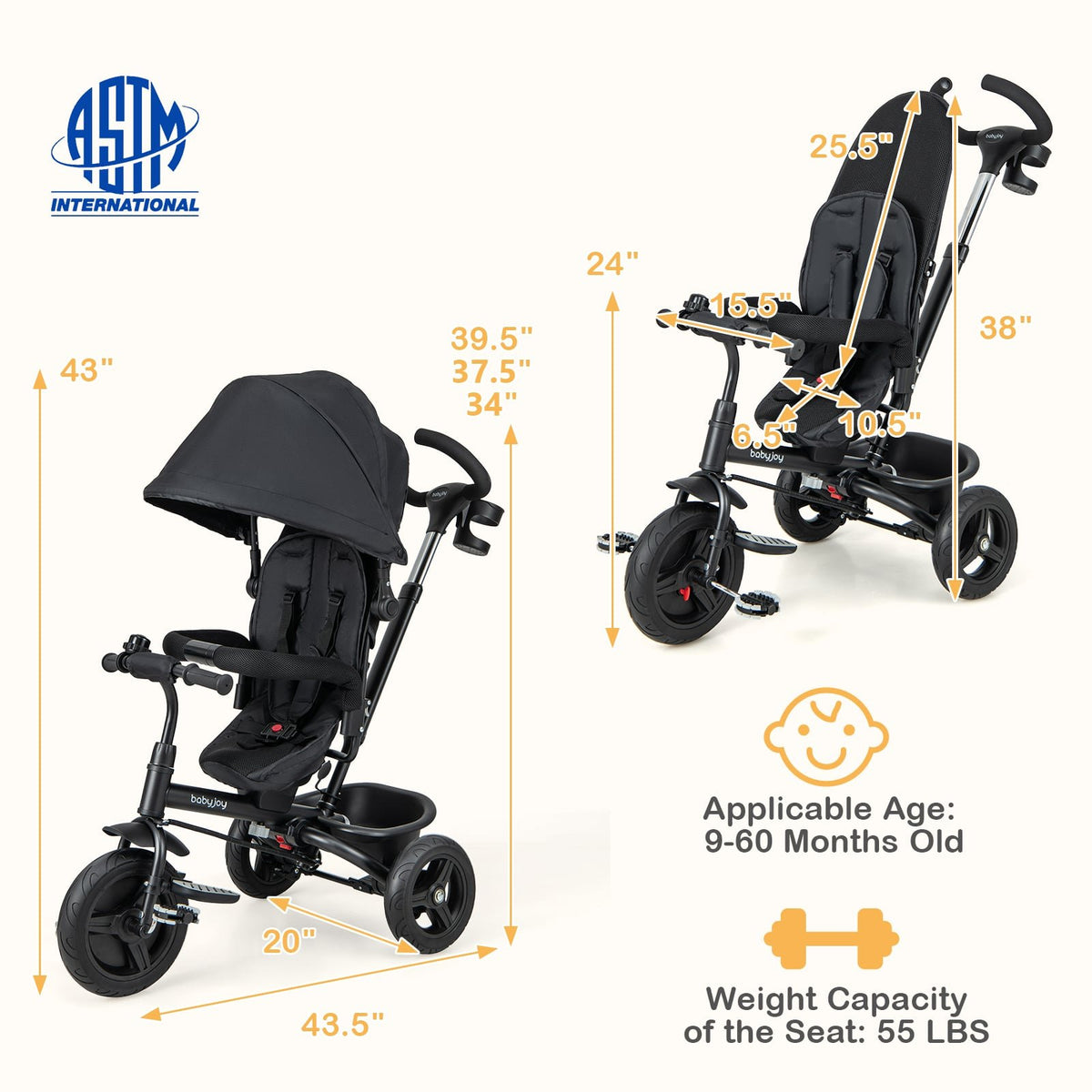4-in-1 Baby Tricycle Toddler Trike with Reversible Seat and 5-Point Safety Harness-Black view 5