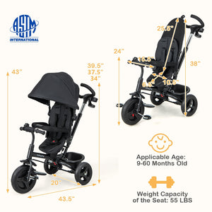 4-in-1 Baby Tricycle Toddler Trike with Reversible Seat and 5-Point Safety Harness-Black view 5