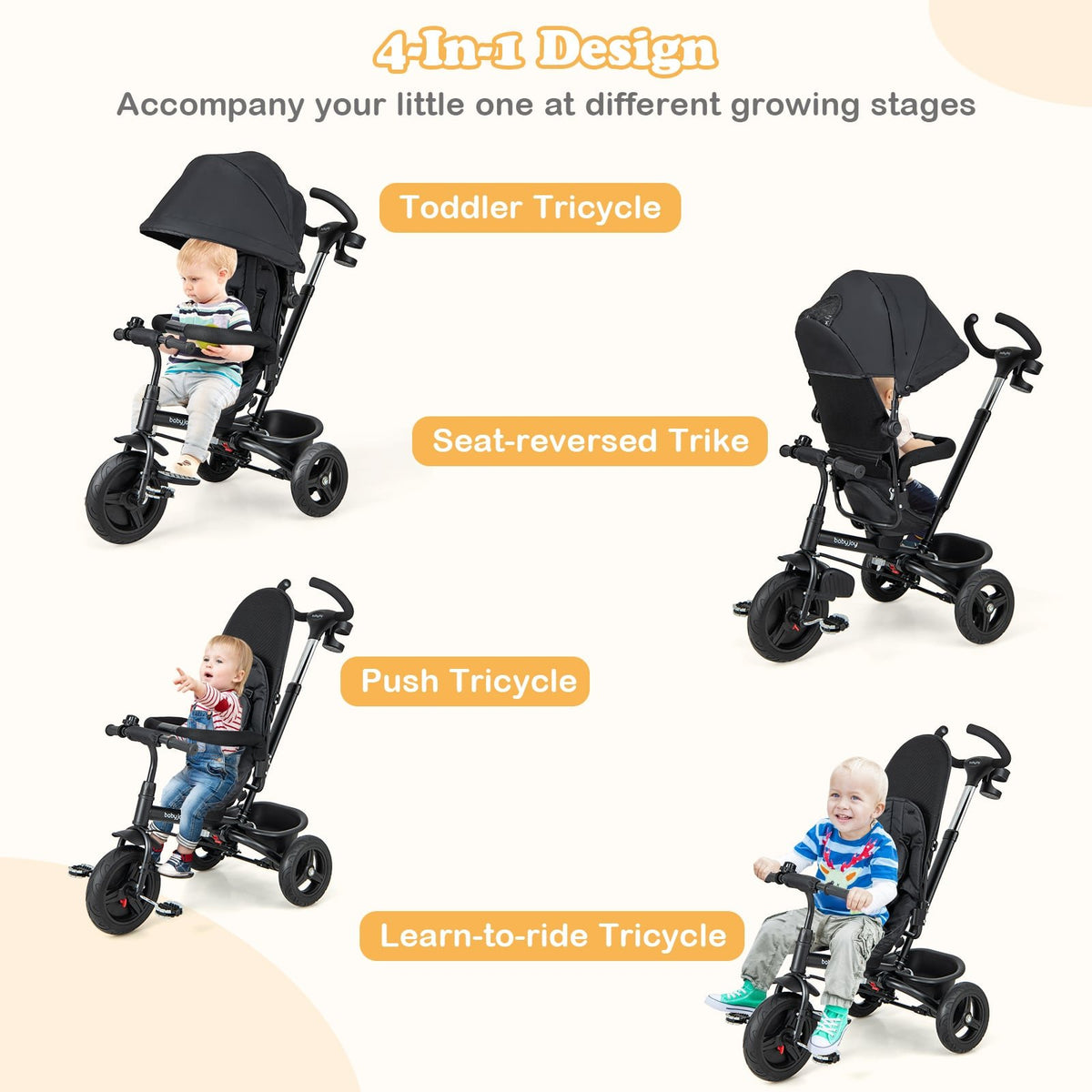4-in-1 Baby Tricycle Toddler Trike with Reversible Seat and 5-Point Safety Harness-Black view 6