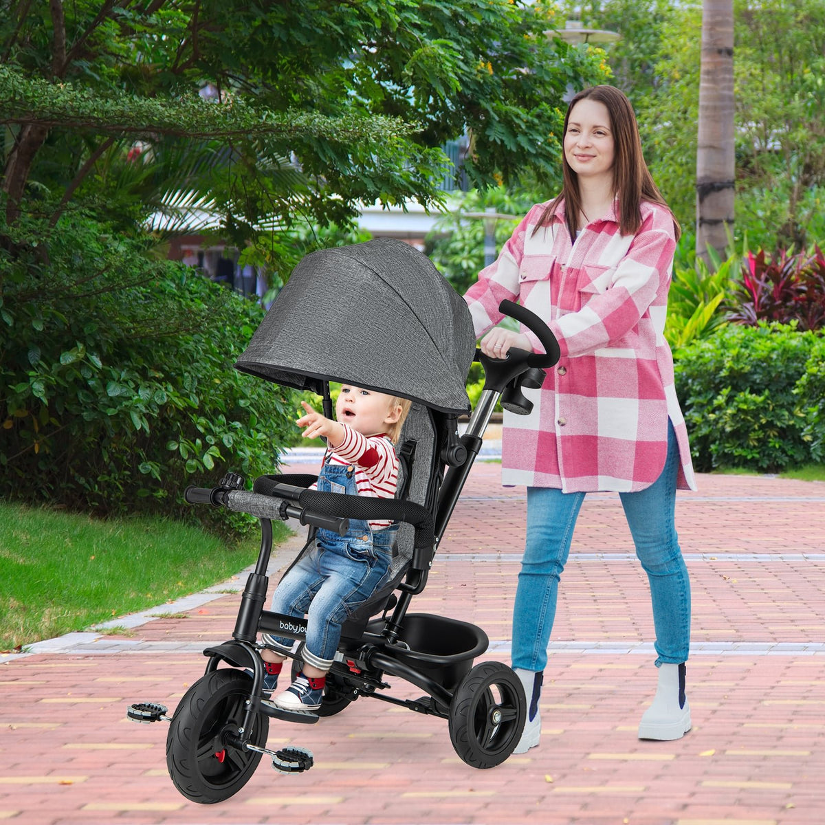 4-in-1 Baby Tricycle Toddler Trike with Reversible Seat and 5-Point Safety Harness-Gray view 2
