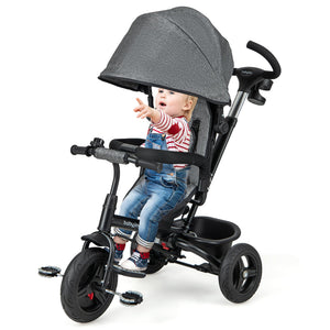 4-in-1 Baby Tricycle Toddler Trike with Reversible Seat and 5-Point Safety Harness-Gray view 4