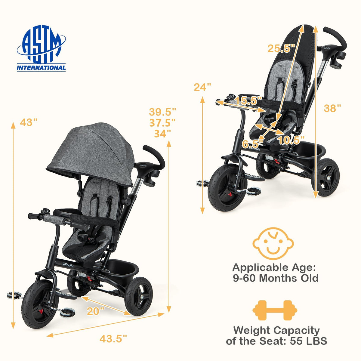 4-in-1 Baby Tricycle Toddler Trike with Reversible Seat and 5-Point Safety Harness-Gray view 5