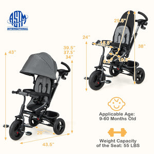 4-in-1 Baby Tricycle Toddler Trike with Reversible Seat and 5-Point Safety Harness-Gray view 5
