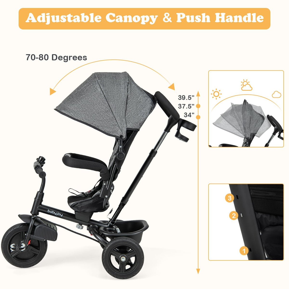 4-in-1 Baby Tricycle Toddler Trike with Reversible Seat and 5-Point Safety Harness-Gray view 7