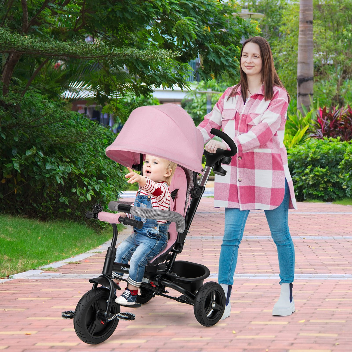 4-in-1 Baby Tricycle Toddler Trike with Reversible Seat and 5-Point Safety Harness-Pink view 2