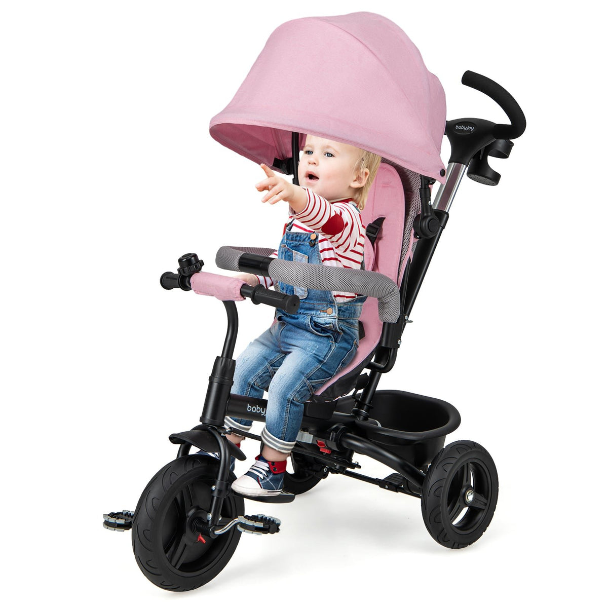 4-in-1 Baby Tricycle Toddler Trike with Reversible Seat and 5-Point Safety Harness-Pink view 4