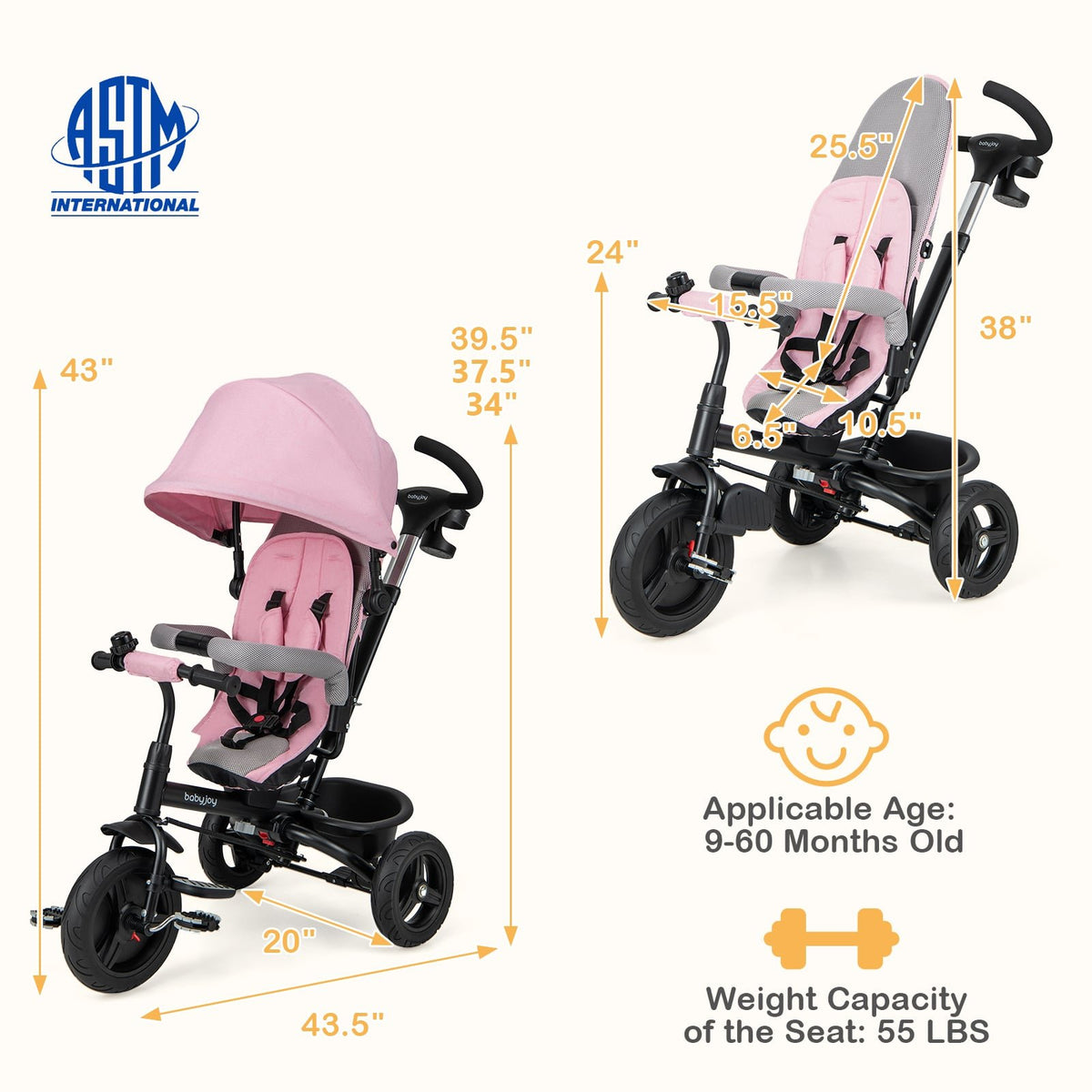 4-in-1 Baby Tricycle Toddler Trike with Reversible Seat and 5-Point Safety Harness-Pink view 5