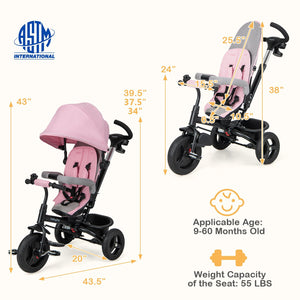 4-in-1 Baby Tricycle Toddler Trike with Reversible Seat and 5-Point Safety Harness-Pink view 5