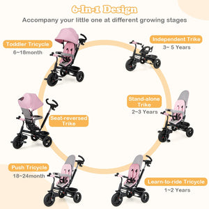 4-in-1 Baby Tricycle Toddler Trike with Reversible Seat and 5-Point Safety Harness-Pink view 6