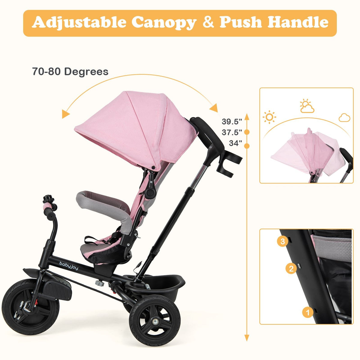 4-in-1 Baby Tricycle Toddler Trike with Reversible Seat and 5-Point Safety Harness-Pink view 7