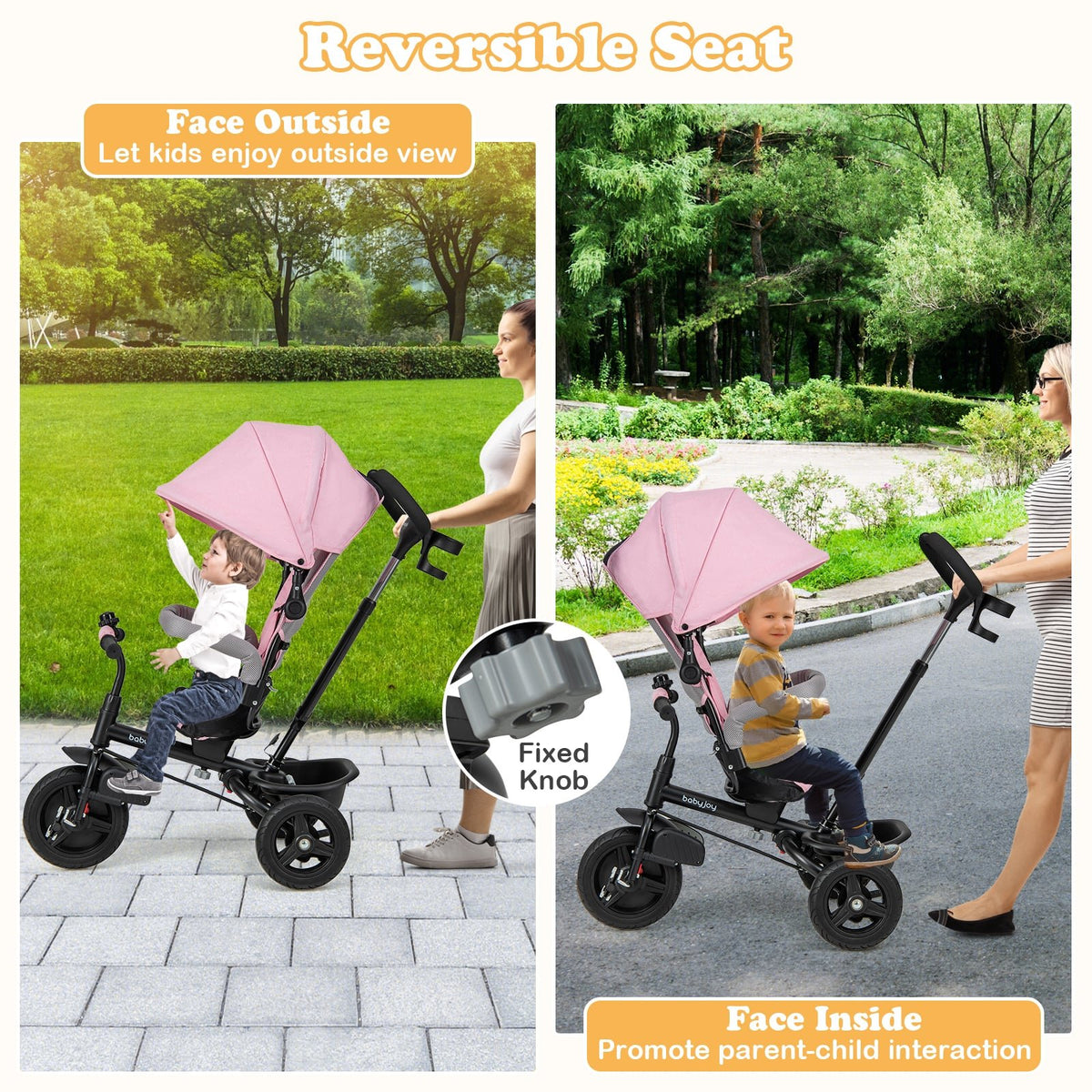 4-in-1 Baby Tricycle Toddler Trike with Reversible Seat and 5-Point Safety Harness-Pink view 8