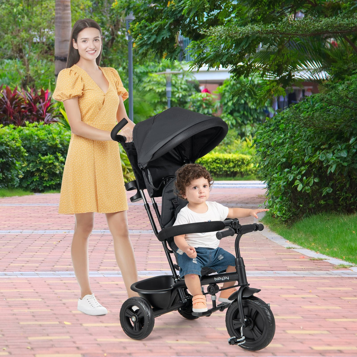 4-in-1 Baby Trike Kids Tricycle with Removable Canopy and Adjustable Push Handle-Black view 2