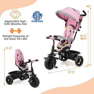 4-in-1 Baby Trike Kids Tricycle with Removable Canopy and Adjustable Push Handle-Pink view 4
