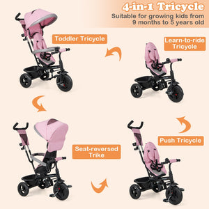 4-in-1 Baby Trike Kids Tricycle with Removable Canopy and Adjustable Push Handle-Pink view 5