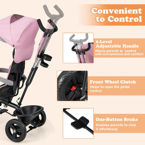 4-in-1 Baby Trike Kids Tricycle with Removable Canopy and Adjustable Push Handle-Pink view 8
