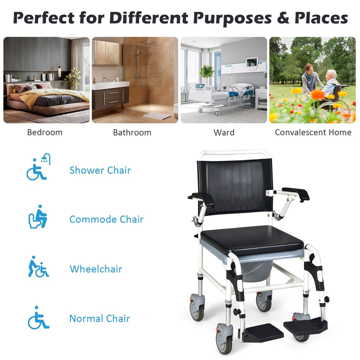 4-in-1 Bedside Commode Wheelchair with Detachable Bucket view 7