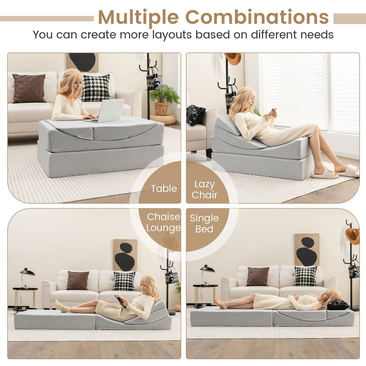 4-in-1 Convertible Folding Sofa Bed with High-Density Foam-Gray view 6