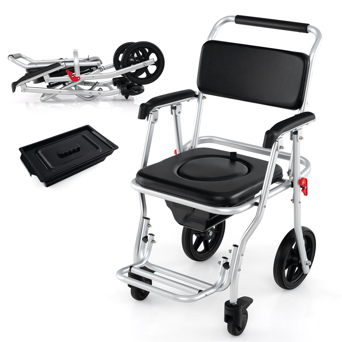 4-in-1 Foldable Bedside Commode Chair with Brakes and Bucket and Footrest view 4